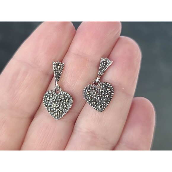925 Sterling Silver Marcasite Dangling Heart Shaped Pierced Earrings Vintage - Picture 3 of 10